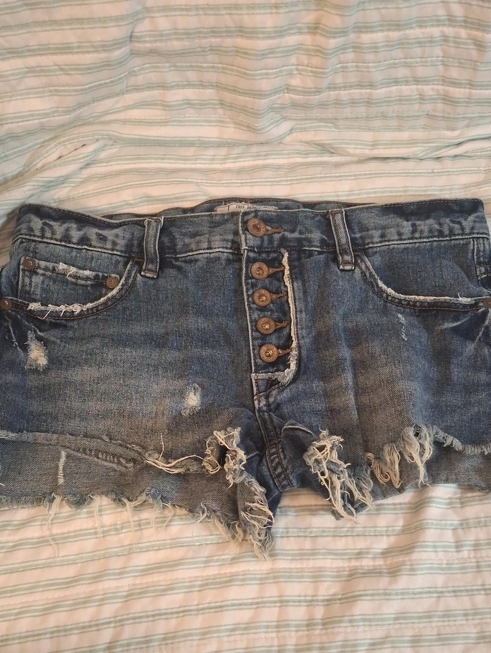 Free People Distressed Button-Fly Denim Shorts in Blue
